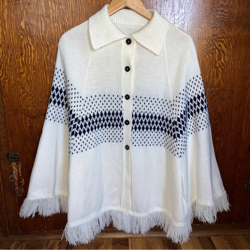 Knitted Winter Sweater Poncho Blue/White SUPER SOFT!! size L-2XL